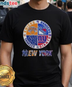 Good New York City Sports T-Shirt featuring Knicks, Rangers, Giants, and Yankees logos in a stylish design.