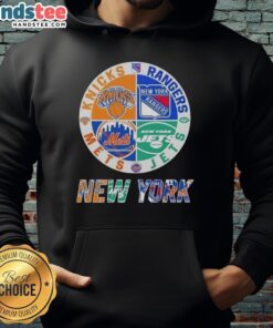Good New York City Sports hoodie featuring Knicks, Rangers, Jets, and Mets logos in a stylish design.