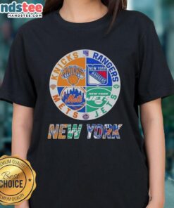 Good New York City Sports logos for Knicks, Rangers, Jets, and Mets on a ladies tee, perfect for sports fans.