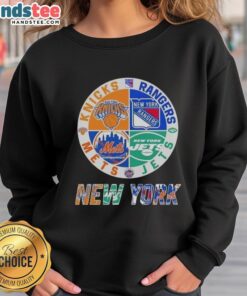 Good New York City Sports sweatshirt featuring Knicks, Rangers, Jets, and Mets logos for fans of NYC teams.