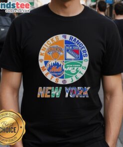 Good New York City sports t-shirt featuring Knicks, Rangers, Jets, and Mets logos combined in a stylish design.