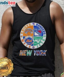 Good New York City Sports tank top featuring Knicks, Rangers, Jets, and Mets logos in a stylish design.
