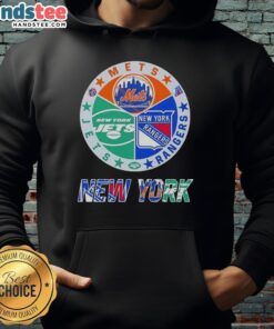 Alt Text: Good New York City Sports hoodie featuring Mets, Rangers, and Jets logos for stylish fan apparel.