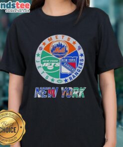Good New York City sports logos combine: Mets, Rangers, and Jets on a ladies tee, perfect for NYC sports fans.