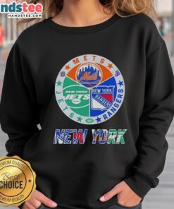 Alt Text: Good New York City Sports sweatshirt featuring Mets, Rangers, and Jets logos for fans of NYC sports teams.