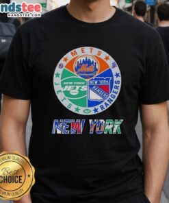 Good New York City Sports Mets Rangers Jets Logos Combine T-Shirt featuring iconic team logos in vibrant design.