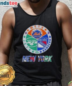 Alt Text: Good New York City Sports Mets Rangers Jets logos on a stylish combine tank top for fans.