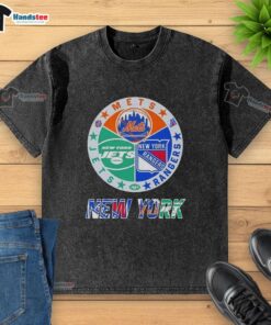Alt Text: Good New York City Sports Mets Rangers Jets logos combine on a stylish washed t-shirt for fans.