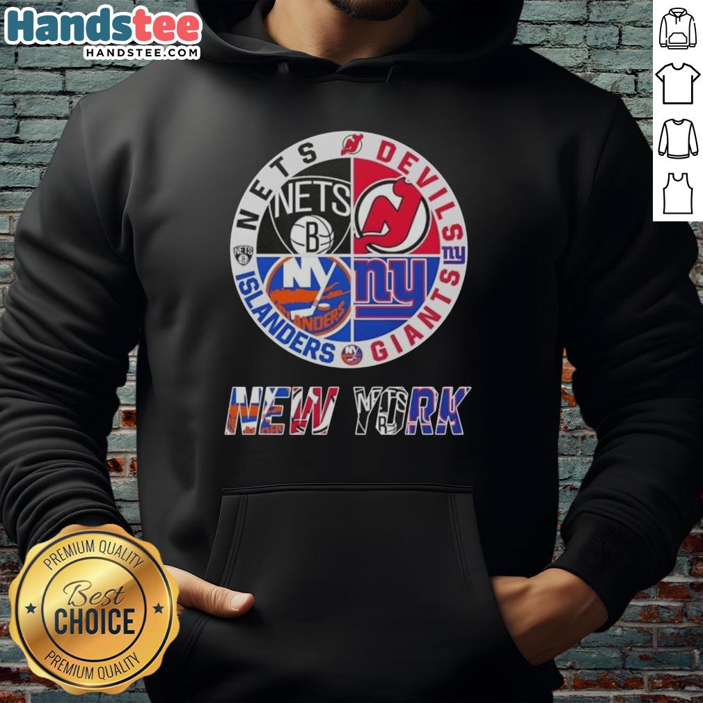 good-new-york-city-sports-nets-devils-giants-islanders-logos-combine-hoodie Alt Text: Good New York City Sports hoodie featuring Nets, Devils, Giants, and Islanders logos in a stylish design.