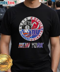 Good New York City sports t-shirt featuring Nets, Devils, Giants, and Islanders logos combined for fans.