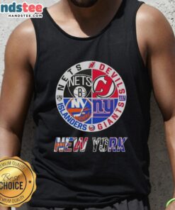Good New York City sports tank top featuring Nets, Devils, Giants, and Islanders logos for fans and sports enthusiasts.