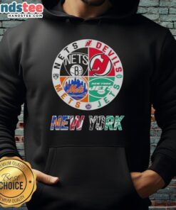 Good New York City sports hoodie featuring Nets, Devils, Jets, and Mets logos in a stylish combine design.