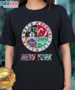 Alt Text: Good New York City sports logos on ladies tee: Nets, Devils, Jets, and Mets combined for a stylish fan look.