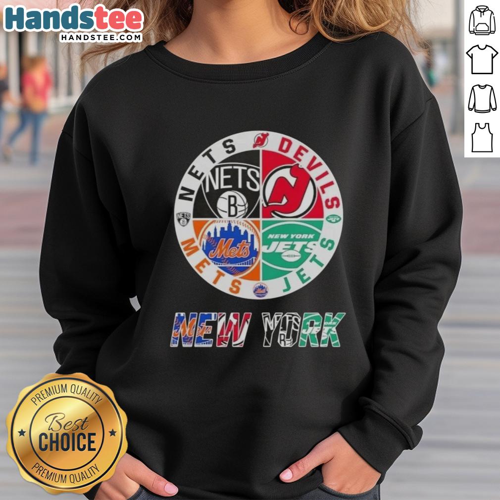 good-new-york-city-sports-nets-devils-jets-mets-logos-combine-sweatshirt Alt Text: Good New York City Sports sweatshirt featuring Nets, Devils, Jets, and Mets logos for fans and athletes.