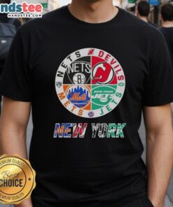 Good New York City sports t-shirt featuring Nets, Devils, Jets, and Mets logos in a stylish design.