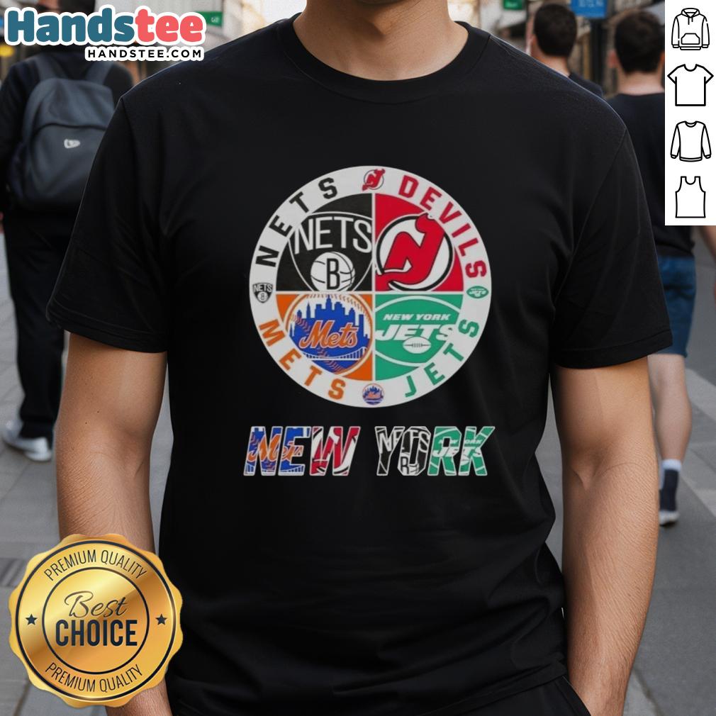 good-new-york-city-sports-nets-devils-jets-mets-logos-combine-t-shirt Good New York City sports t-shirt featuring Nets, Devils, Jets, and Mets logos in a stylish design.