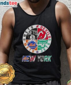 Good New York City sports tank top featuring Nets, Devils, Jets, and Mets logos for fans of NYC teams.