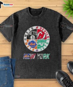 Alt Text: Good New York City Sports t-shirt featuring logos of Nets, Devils, Jets, and Mets, showcasing team pride.