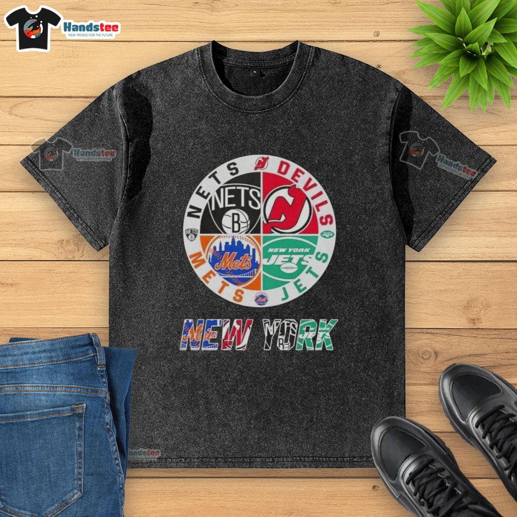 good-new-york-city-sports-nets-devils-jets-mets-logos-combine-washed-t-shirt Alt Text: Good New York City Sports t-shirt featuring logos of Nets, Devils, Jets, and Mets, showcasing team pride.