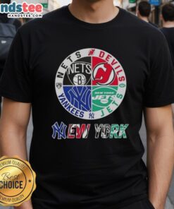 Good New York City Sports T-Shirt featuring Nets, Devils, Jets, and Yankees logos for fans of NYC teams.