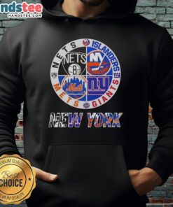 Alt Text: Good New York City Sports hoodie featuring logos of Nets, Islanders, Giants, and Mets for fans.