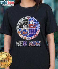Alt Text: Good New York City sports logos for Nets, Islanders, Giants, and Mets on a ladies tee shirt design.