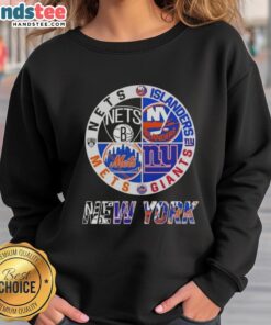 Alt Text: Good New York City sports sweatshirt featuring logos of Nets, Islanders, Giants, and Mets combined in a stylish design.