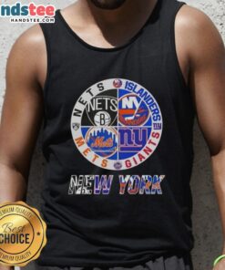 Good New York City sports tank top featuring logos of the Nets, Islanders, Giants, and Mets for NYC sports fans.