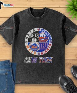 Alt Text: Good New York City sports logos for Nets, Islanders, Giants, Mets on a combined washed t-shirt design.