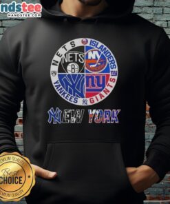 Good New York City sports hoodie featuring Nets, Islanders, Giants, and Yankees logos, perfect for fans.