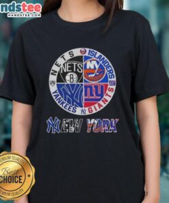 Good New York City sports logos for Nets, Islanders, Giants, and Yankees combined on a ladies tee shirt.