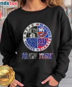Alt Text: Cozy sweatshirt featuring combined logos of New York City sports teams: Nets, Islanders, Giants, and Yankees.