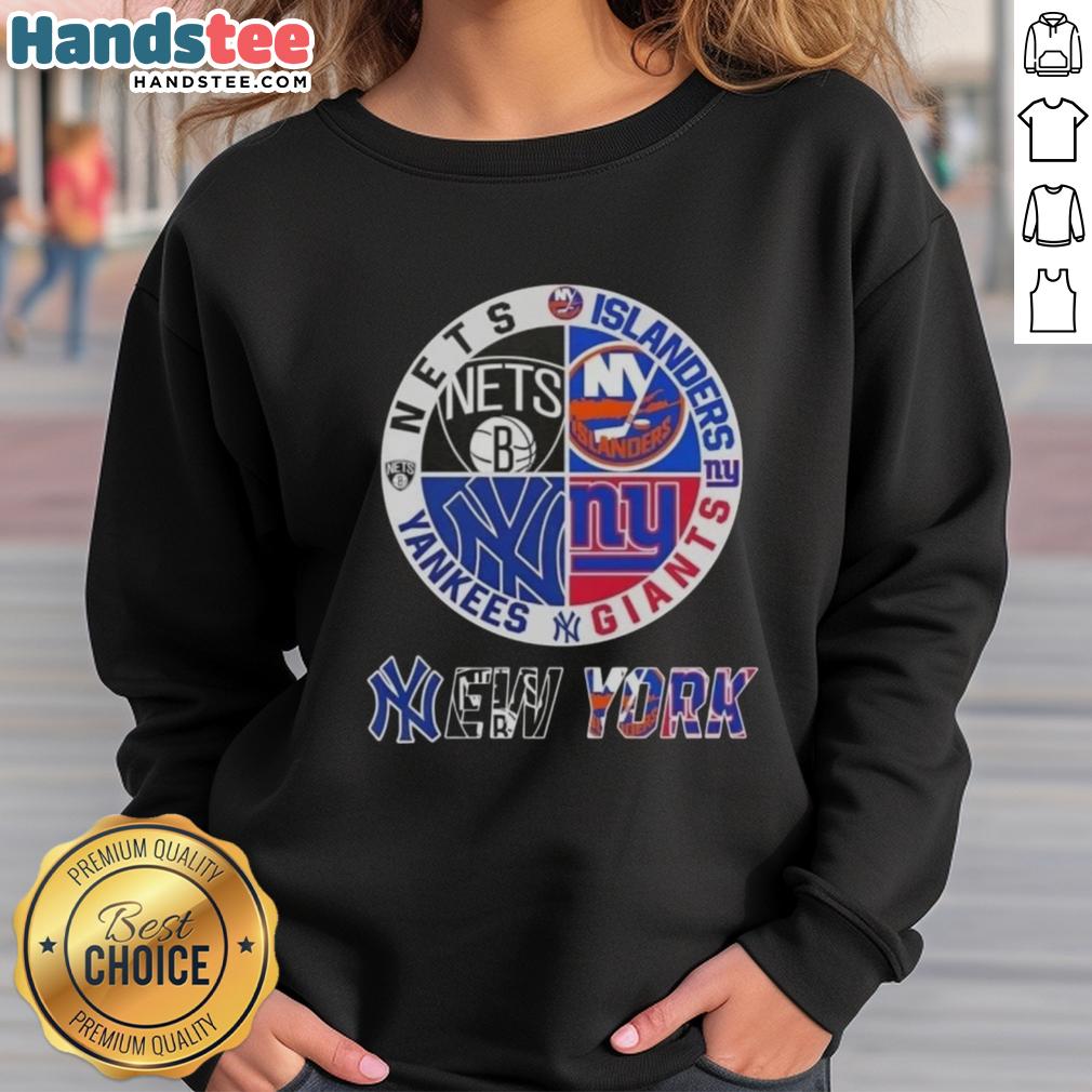 good-new-york-city-sports-nets-islanders-giants-yankees-logos-combine-sweatshirt Alt Text: Cozy sweatshirt featuring combined logos of New York City sports teams: Nets, Islanders, Giants, and Yankees.