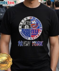 Good New York City sports t-shirt featuring Nets, Islanders, Giants, and Yankees logos in a stylish design.