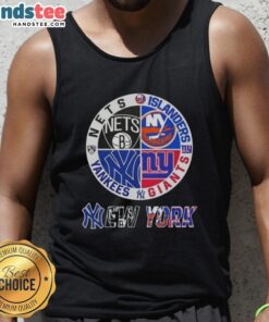 Good New York City sports tank top featuring logos of Nets, Islanders, Giants, and Yankees in vibrant designs.