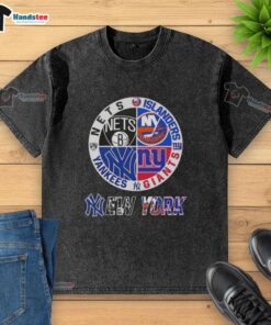 Alt Text: Good New York City sports t-shirt featuring logos of Nets, Islanders, Giants, and Yankees in a stylish design.