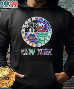 Good New York City sports hoodie featuring Nets, Islanders, Jets, and Mets logos, perfect for NYC sports fans.