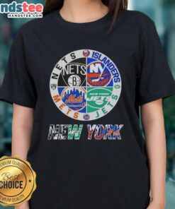 Good New York City Sports logos: Nets, Islanders, Jets, and Mets combined on a stylish ladies tee.