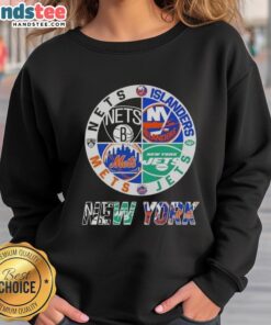 Good New York City sports sweatshirt featuring Nets, Islanders, Jets, and Mets logos in a stylish design.