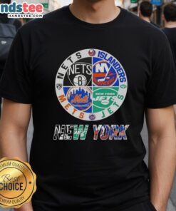 Good New York City sports t-shirt featuring combined logos of Nets, Islanders, Jets, and Mets for fans.