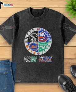 Alt Text: Good New York City sports washed t-shirt featuring logos of the Nets, Islanders, Jets, and Mets.