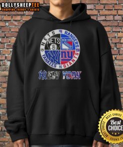 Good New York City sports hoodie featuring Nets, Rangers, Giants, and Yankees logos for fans and athletes.