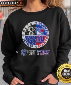 Good New York City Sports sweatshirt featuring Nets, Rangers, Giants, and Yankees logos for fans.