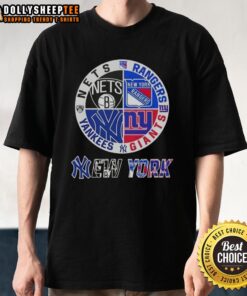 Good New York City Sports t-shirt featuring combined logos of Nets, Rangers, Giants, and Yankees for fans.