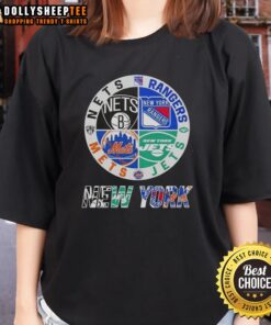 Good New York City Sports logos combine on ladies tee featuring Nets, Rangers, Jets, and Mets designs.