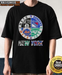 Good New York City Sports t-shirt featuring Nets, Rangers, Jets, and Mets logos in a stylish design for fans.