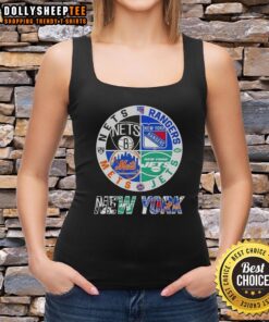 Good New York City sports tank top featuring Nets, Rangers, Jets, and Mets logos for fans of NYC teams.