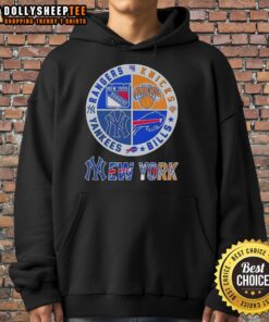 Good New York City Sports hoodie featuring Rangers, Knicks, Bills, and Yankees logos for passionate fans.