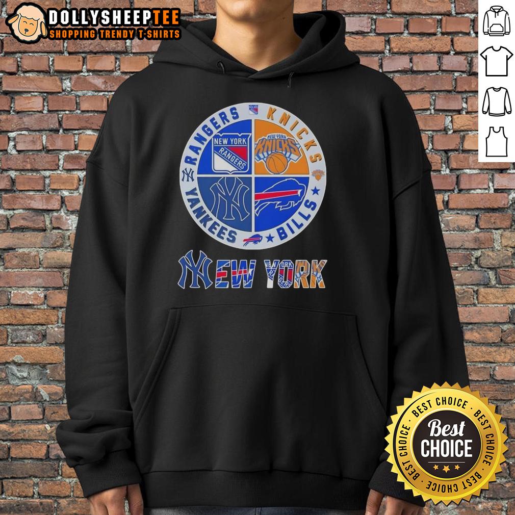 Good New York City Sports Rangers Knicks Bills Yankees Logos Combine Hoodie Good New York City Sports hoodie featuring Rangers, Knicks, Bills, and Yankees logos for passionate fans.