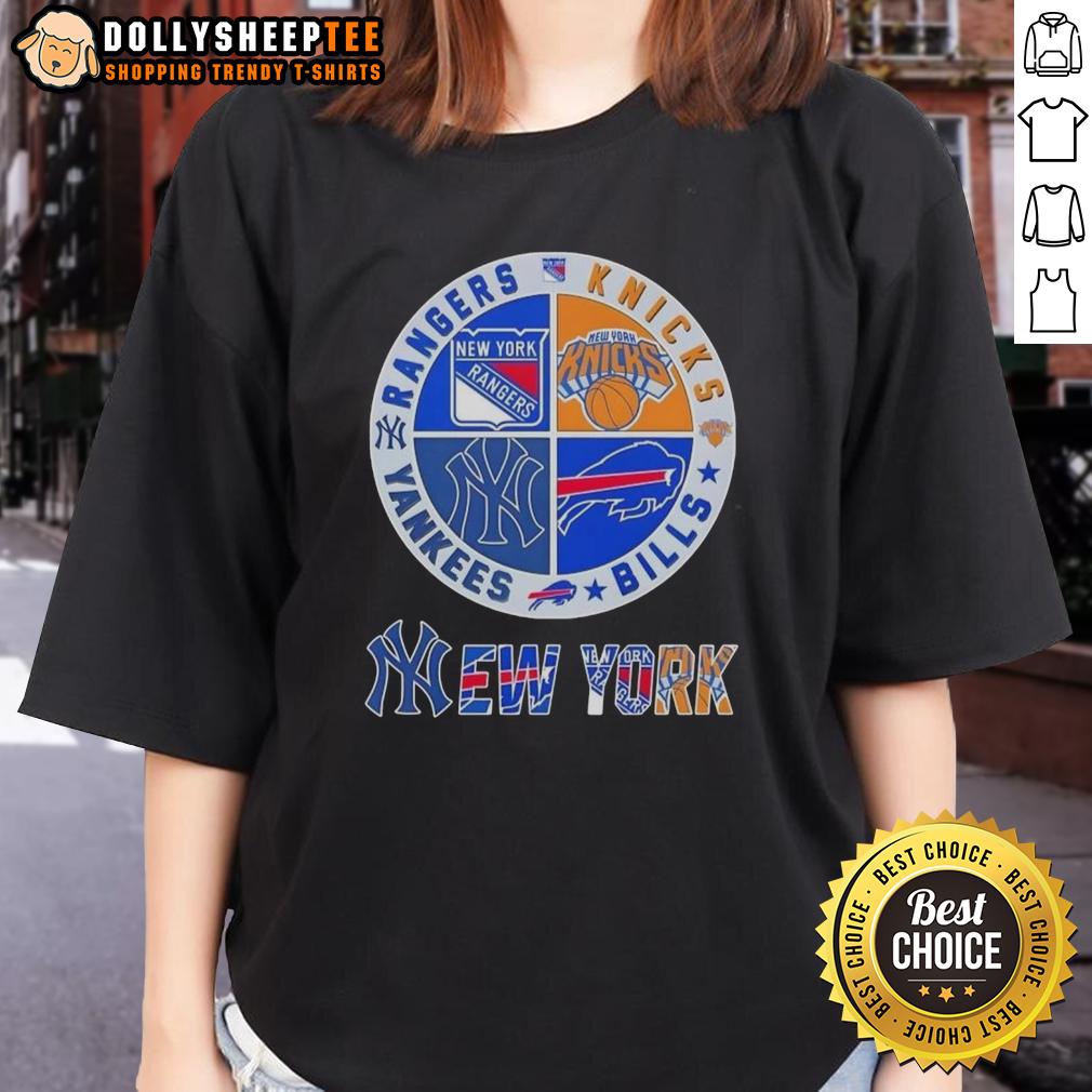 Good New York City Sports Rangers Knicks Bills Yankees Logos Combine Ladies Tee Good New York City sports logos tee featuring Rangers, Knicks, Bills, and Yankees for ladies.